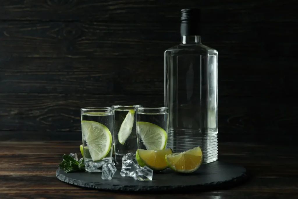 tray-with-bottle-shots-vodka-lime-ice-wooden