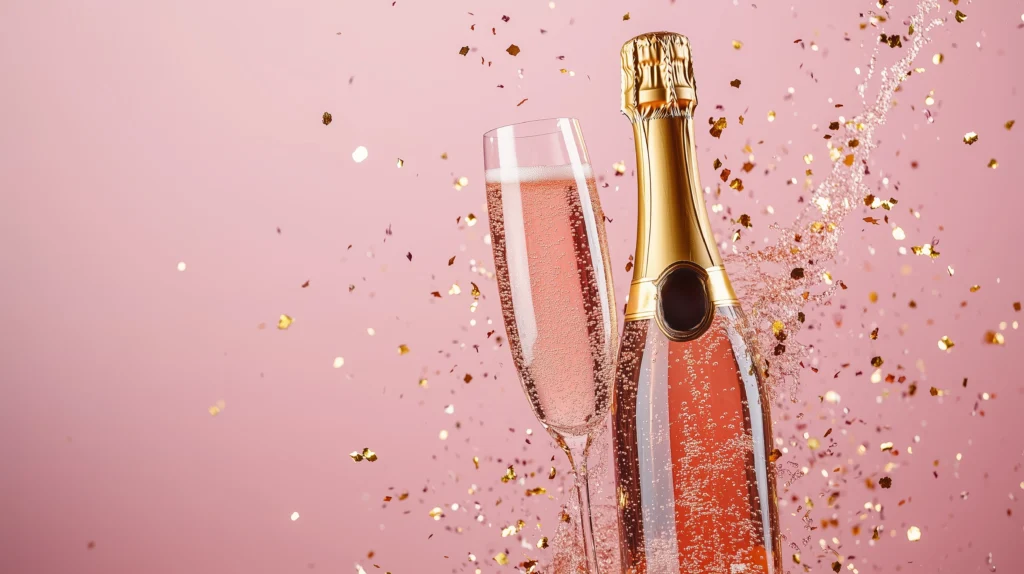 celebratory-sparkling-wine-bottle-flute-with-glittering-confetti-pink-background