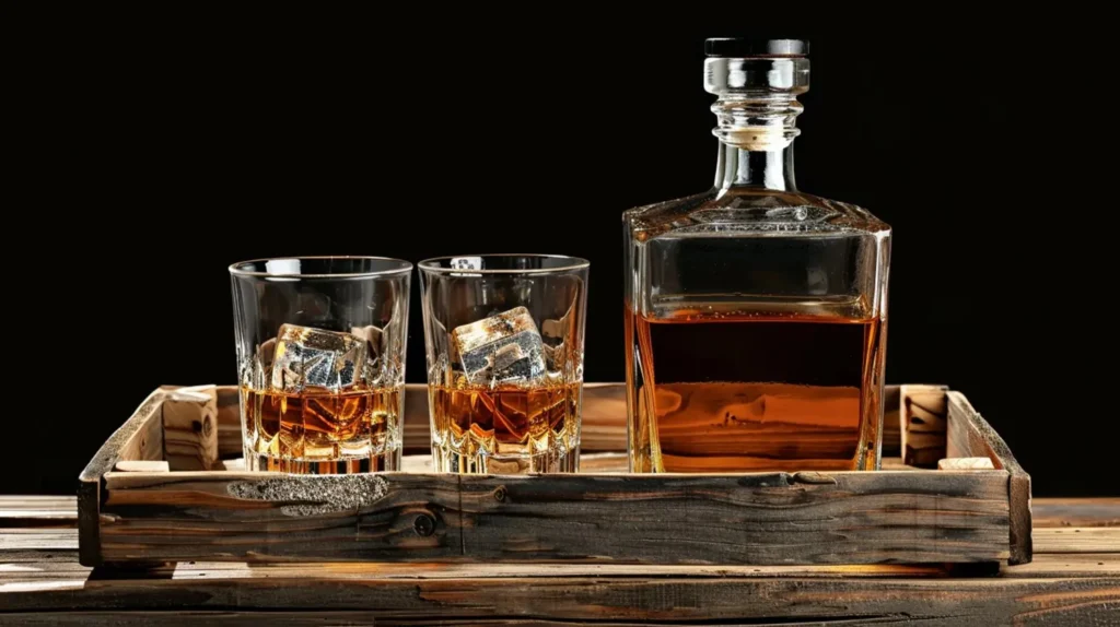 glass-bottles-whiskey-ice-dark-background