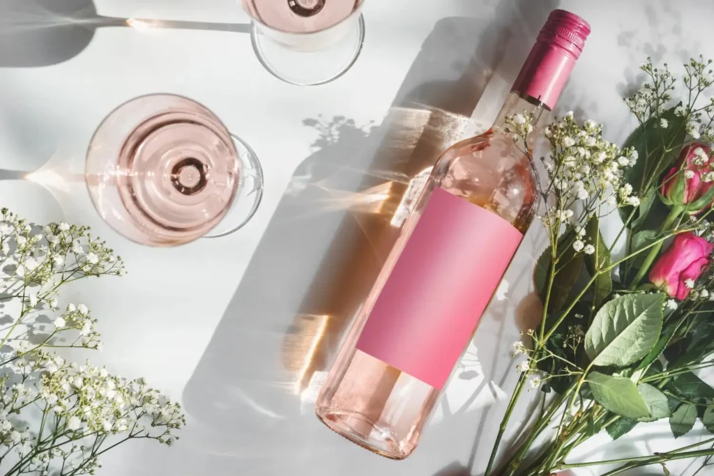 rose-wine-bottle-between flowers