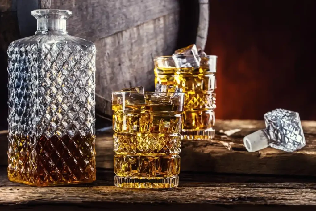 two-cups-full-beverage-whiskey-with-ice-cubes-retro-style