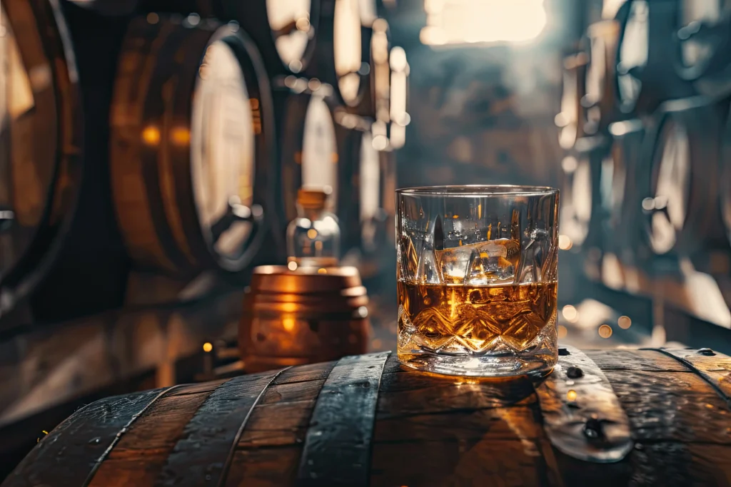 whiskey-oak-barrel-with-copper-alambic-traditional-distillery