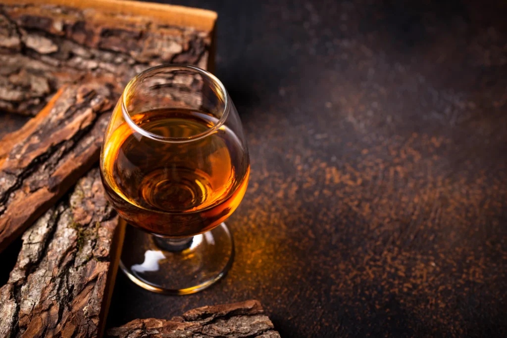 cognac glass with wooden blocks